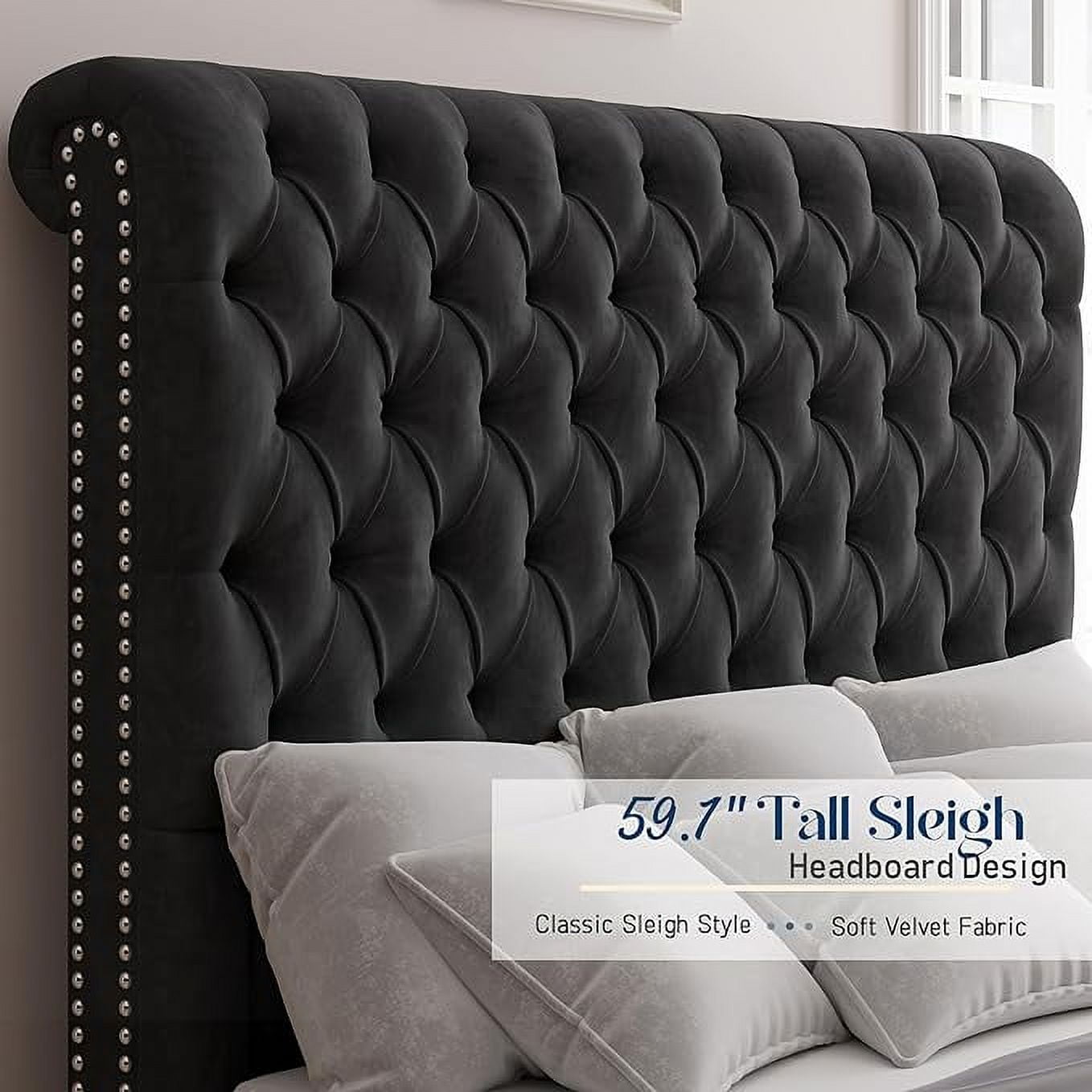 Merluxy King Bed Frame with 59.1" Sleigh Headboard,Velvet Upholstered,No Box Spring Needed,Black