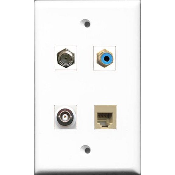 RiteAV 1 Port RCA Blue and 1 Port Coax Cable TV- F-Type and 1 Port Phone RJ11 RJ12 Beige and 1 Port BNC Wall Plate