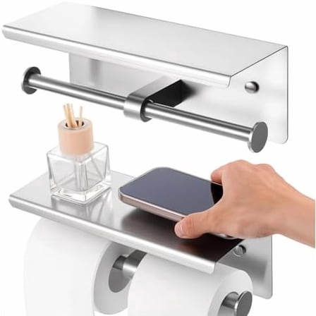 Double Toilet Paper Holder with Shelf, Wall Mount Tissue Roll Holder for Bathroom, 304 Stainless Steel Commercial Toilet Tissue Dispensers with Phone Shelf$$Tools & Hardware Other