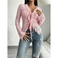 thumbnail image 4 of Women'S V Neck Lace Sheer Top Mesh See Through Shirts Open Front Tie Long Sleeve Blouses Y2k Going Out Tops Pink S, 4 of 9