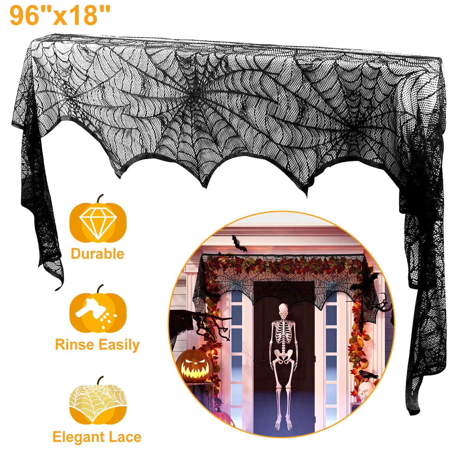 Astoutdoor Halloween Mantle Scarf, Black Lace with Spider Web, Spider and Bat Design, 96 x 18 in, 2 Pieces