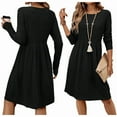thumbnail image 3 of Women'S Casual Sweater Dress Crew Neck Knit Long Sleeve Dress A-Line Knee Length Fall Winter Dress Black S, 3 of 6