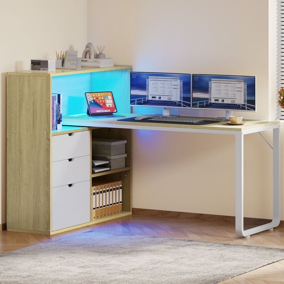 Uforic 55" Corner L Shaped Desk with Power Outlets & LED Lights & File Cabinet, 3 Drawers & 3 Storage Shelves, Home Office Desk with Bookshelf, White& Oak
