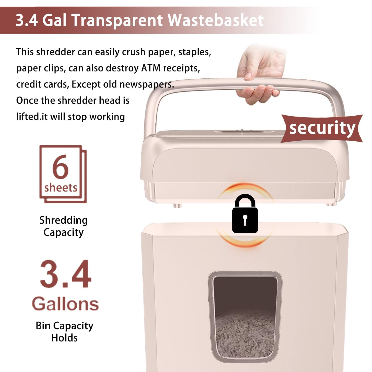 P-4 Security 6-Sheet Cross Cut Shredder, Compact for Home Office, Shreds Paper Cr Cards Staples Clips, 3-Minute Nonstop Operation, 3.4 Gallon Transparent Wastebin, Pink