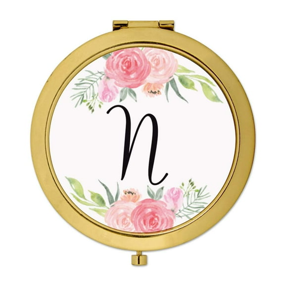 Koyal Wholesale Compact Mirror Bridesmaid's Wedding Gift, Gold, Monogram Letter N, Peach and Pink Roses, 1-Pack