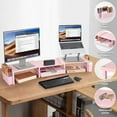 thumbnail image 4 of Wood Desk Organizers and Accessories, Dual Monitor Stand Riser with Drawer and 2 Pen Holders, Desk Shelf Computer Racks for Office Workspace Organizers, Desktop Organization (Pink), 4 of 6