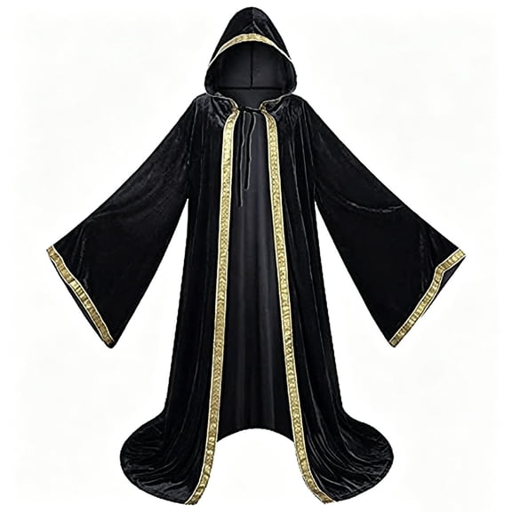 Unisex Halloween Hooded Cloak Velvet Long Cape Costume with Contrast Trim Wizard Witch Robe for Renaissance Medieval Cosplay Vampire Dress Up Party Roleplay