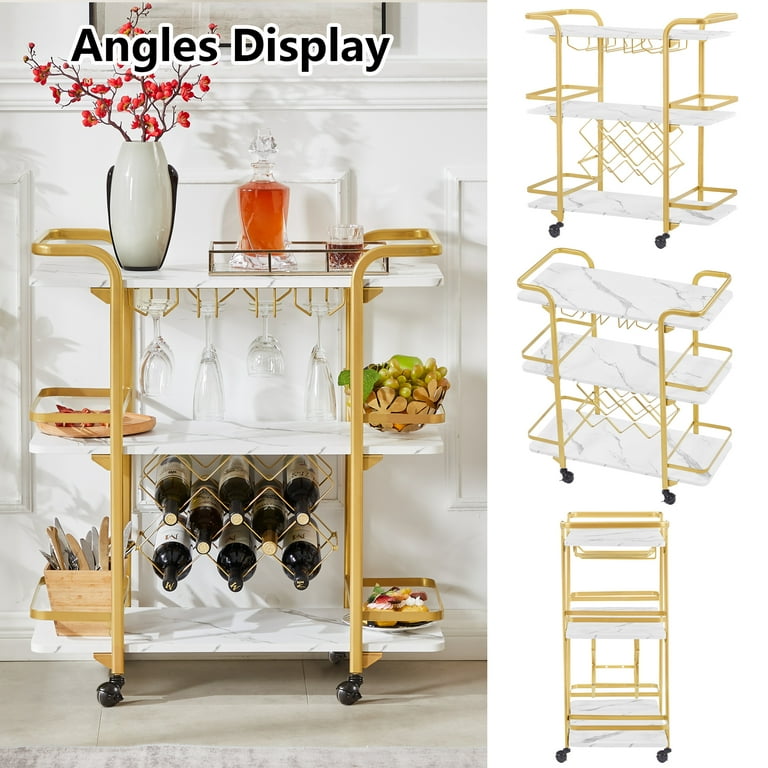 Gold Bar Cart, Bar Carts for The Home with 12 Bottle Wine Rack & Wine  Glasses Holder, Home Bar Serving Carts with Gold Handle, Gold Steels,  3-Tier