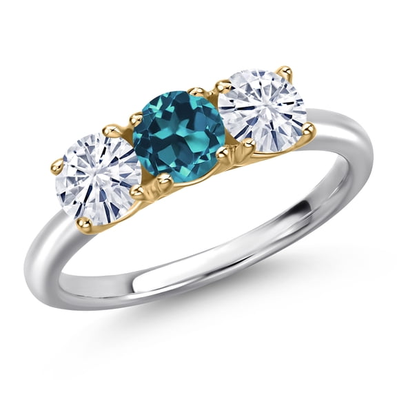 Gem Stone King 10K Two Tone Gold London Blue Topaz and White Moissanite Engagement Ring for Women | 1.70 Cttw | Round 5MM | Gemstone November Birthstone | Size 9