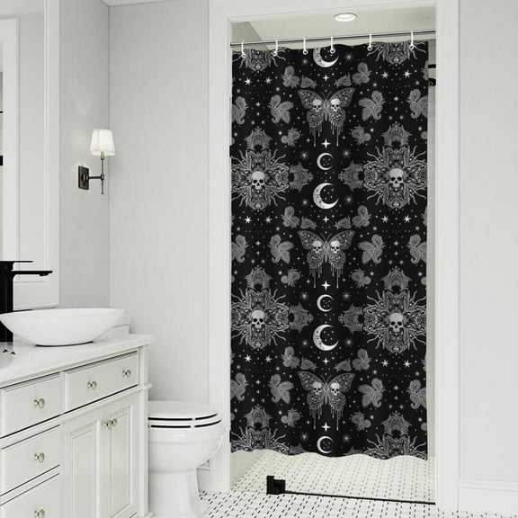 Black White Gothic Skull Butterfly Moon Pattern Shower Curtain 36"x72" ,Bathroom Decorative Shower Curtains Set with 12 Hooks,Modern Waterproof Washable Shower Curtain