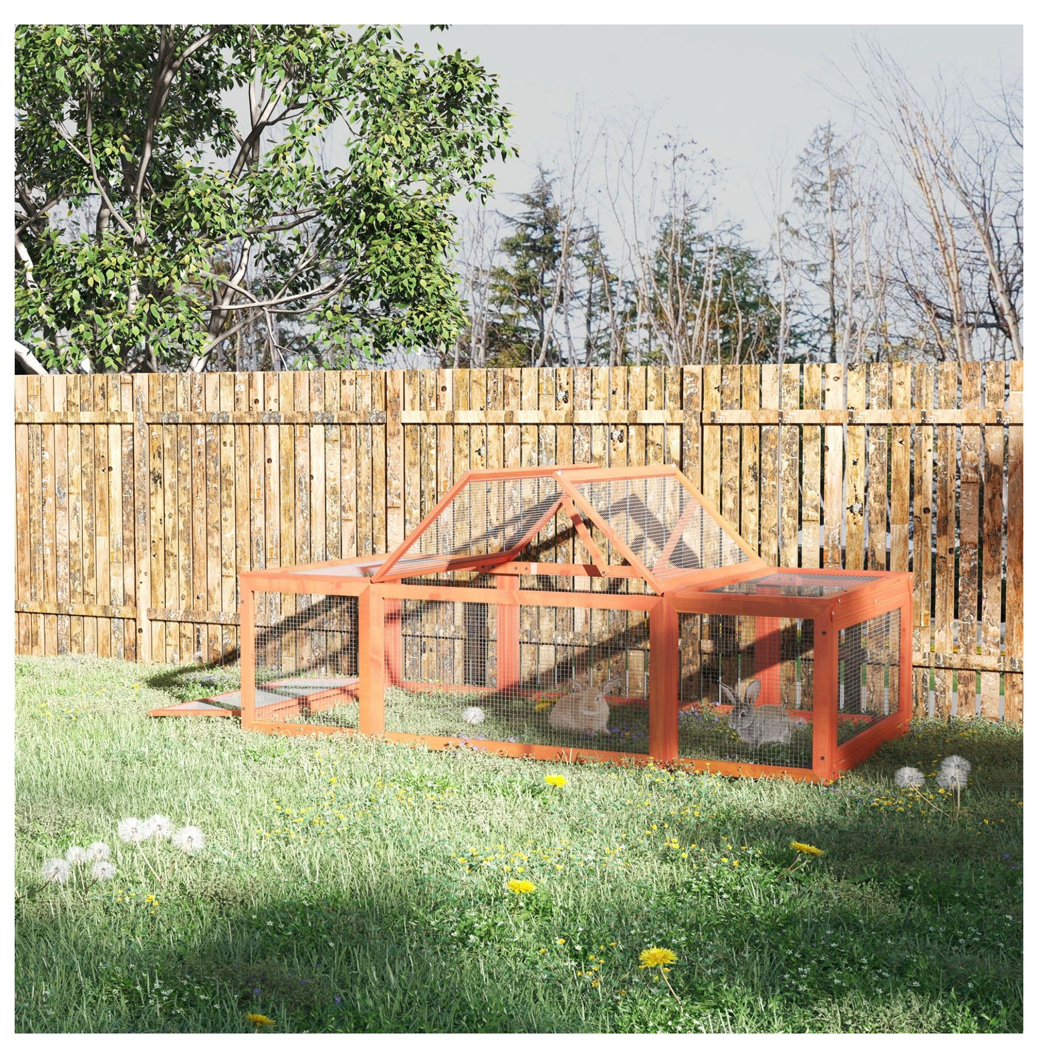 Outdoor Wooden Rabbit Hutch Large Bunny Hutch, Small Animal with Run, Lockable Doors, Natural Finish