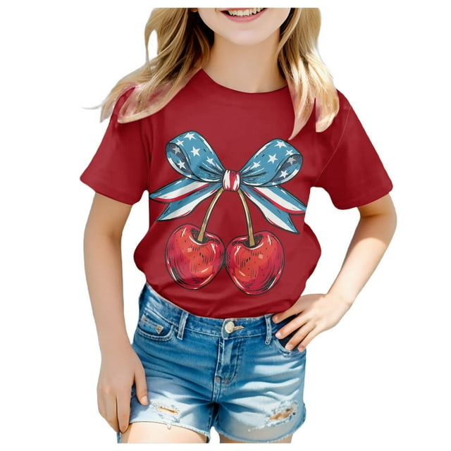 WEIYLL T-Shirts Fille Manches Courtes Été Col Rond Coupe Décontractée Basique Nœud Fruit Imprimé Étoile Hauts de Sortie pour 12-13 Ans