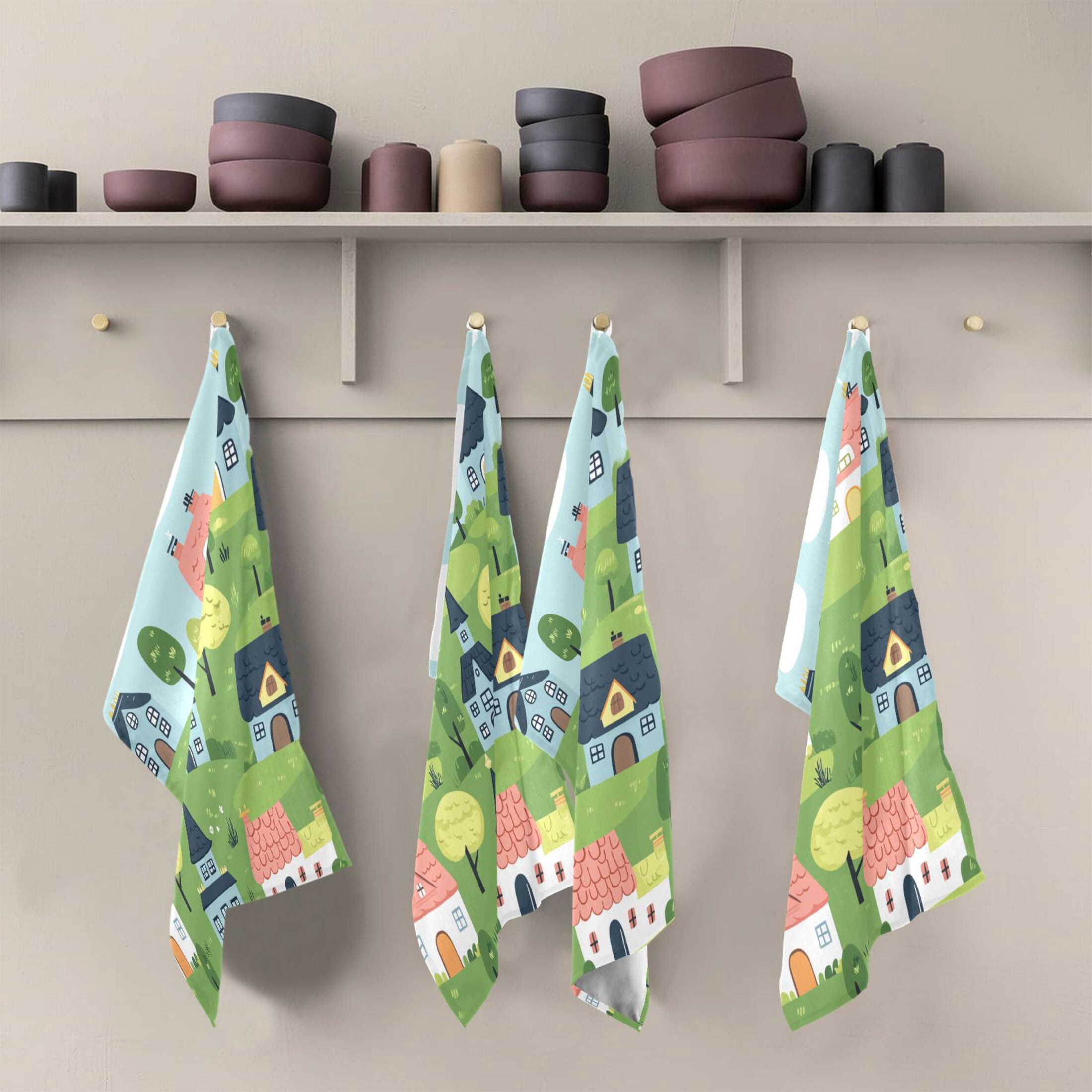 Fairytale House Scene Kitchen Towels 6-Piece Pack Tea Towels for Kitchen Decorative Waffle Design 28x18in