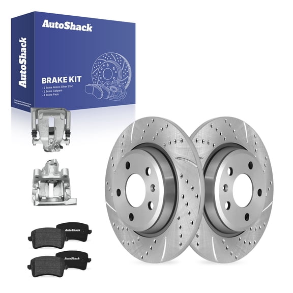 AutoShack Rear Solid Drilled & Slotted Silver Zinc Coated Brake Rotors   Ceramic Pads   Calipers 8-PC Brake Kit Replacement for 2010 Audi A5 Quattro 2010 Audi A5 SilverShield Pro 11.81" (299.9 mm)