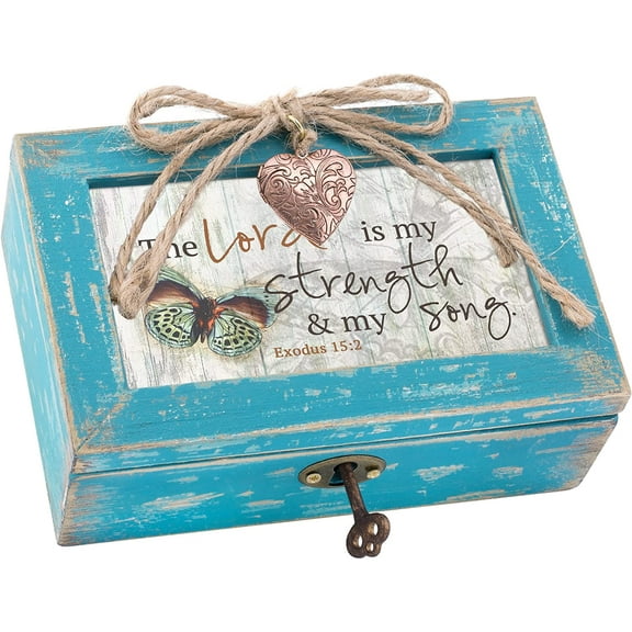 Cottage Garden Lord is My Strength My Song Teal Distressed Locket Petite Music Box Plays Amazing Grace