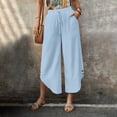 thumbnail image 4 of Lenpel Linen Pants Women Cotton Elastic High Waisted Drawstring Side Button Cropped Wide Leg Pants Baggy Casual Trousers, 4 of 6