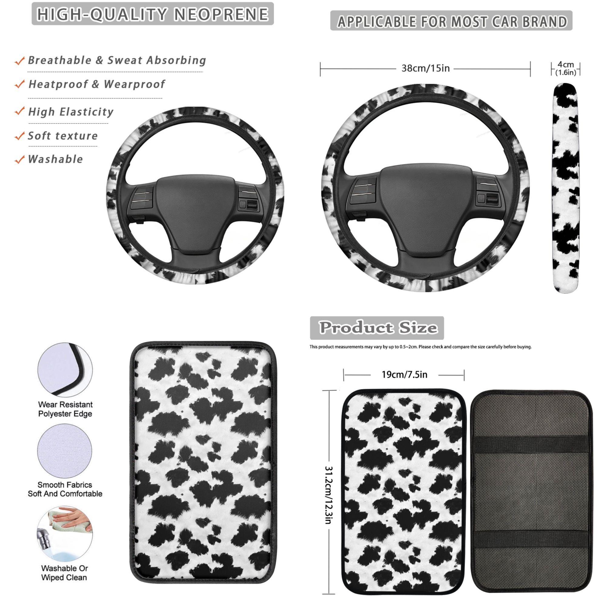 Jeiento Cow Print Car Seat Cover Set with Steering Wheel, Seat Belt Strap, Armrest, Coaster, Keychain, Lipstick Holder Black Universal Automobile Interior Sets Fit SUV, Sedan, Van, Truck
