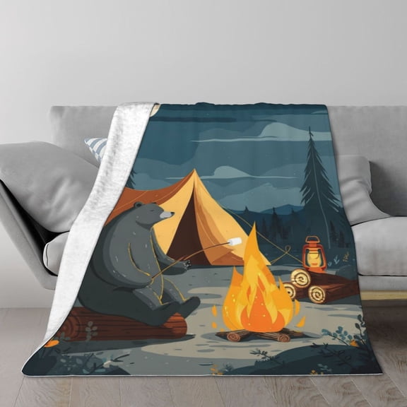 Funny Camping Bear Blanket, Campfire & Tent Art, Soft Flannel Fleece, Outdoor Gift 50x40