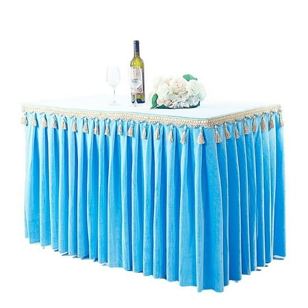 

2 Pack Solid Color Velvet Table Skirt Cloth Fitted Table Skirt With Tassel Washable Table Skirt For Birthday Halloween Christmas Banquet Activity Meeting -Blue-180x40x75cm