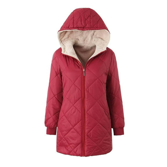 2023 Charella Women's Geometric Plaid Hooded Quilted Jackets Mid Length Fleece Linner Warm Coat Red,XL