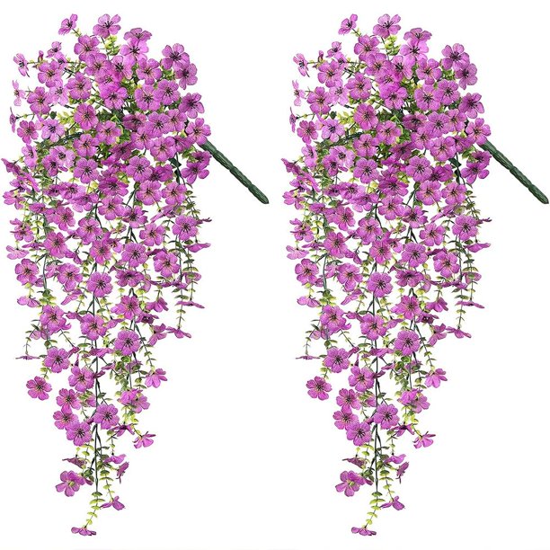 Artificiales Flores Colgantes con Hojas de Seda Resistentes a los Rayos UV, Paquete de 4 Enredaderas Violetas Falsas