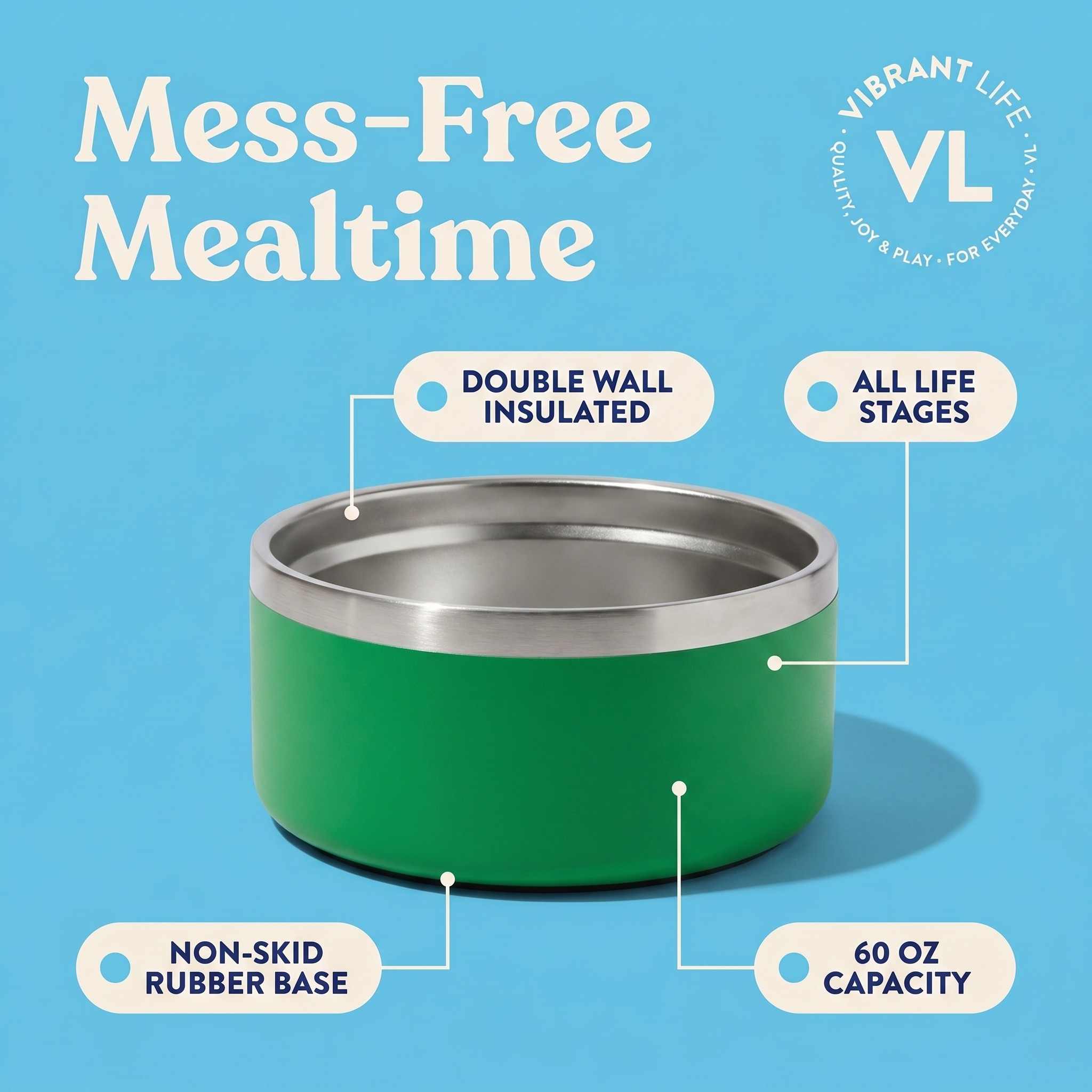 Vibrant Life Stainless Steel Double Wall Pet Bowl, 7.5 Cup, Sage photo 5
