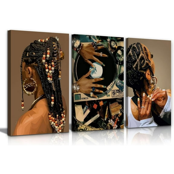 3Pcs Black Woman Wall art African American Woman Fashion Hairstyle Wall Decor Picture Black Girl Record Canvas Posters prints for Living Room Bedroom Bathroom Home Decoration 12x16in Und