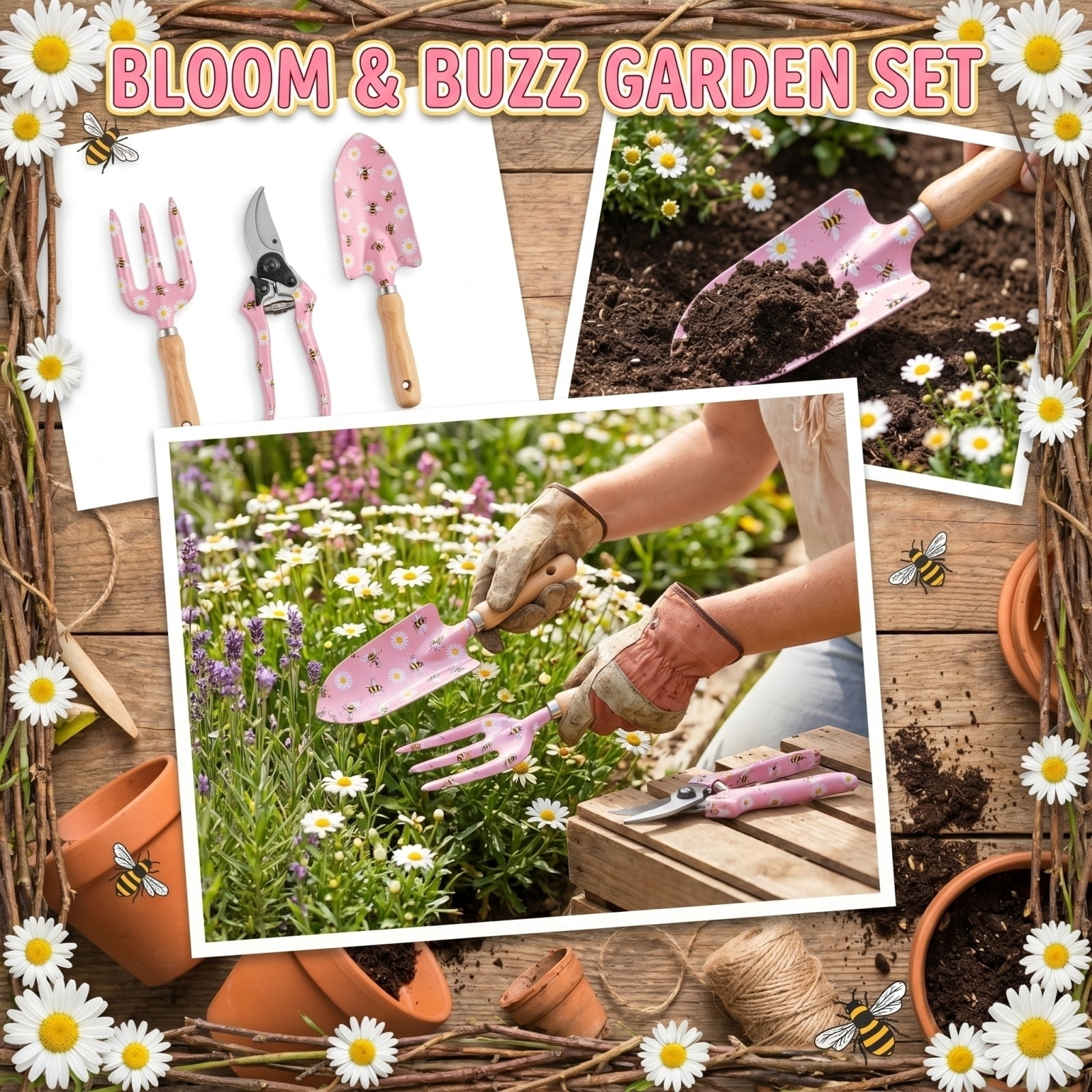 Garden Tools Set, 3 Piece Pink Floral Printed, for Outdoor Small Yard Flower Planting Gardening
