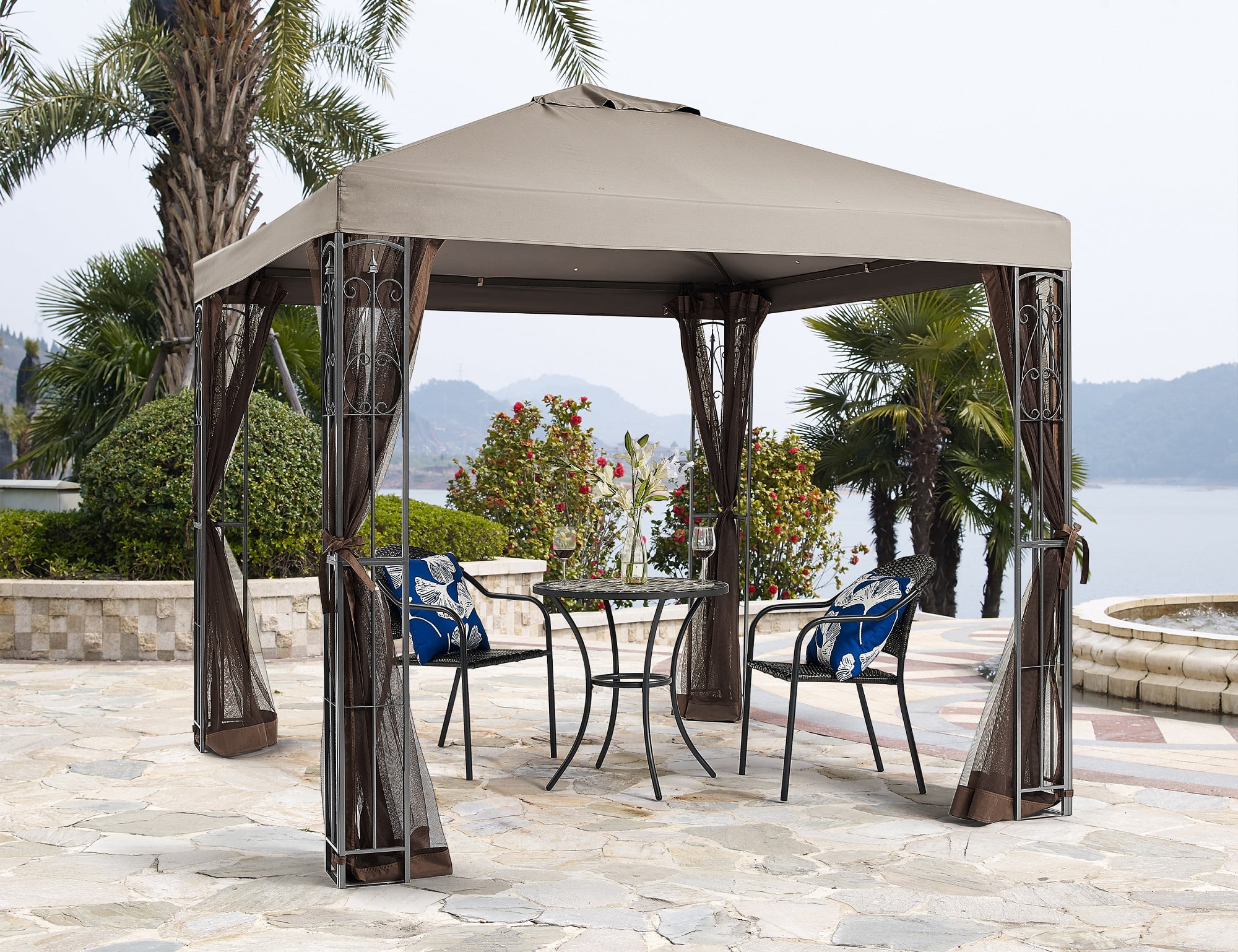 Beige Steel 8' x 8' Patio Gazebo with Mosquito Net