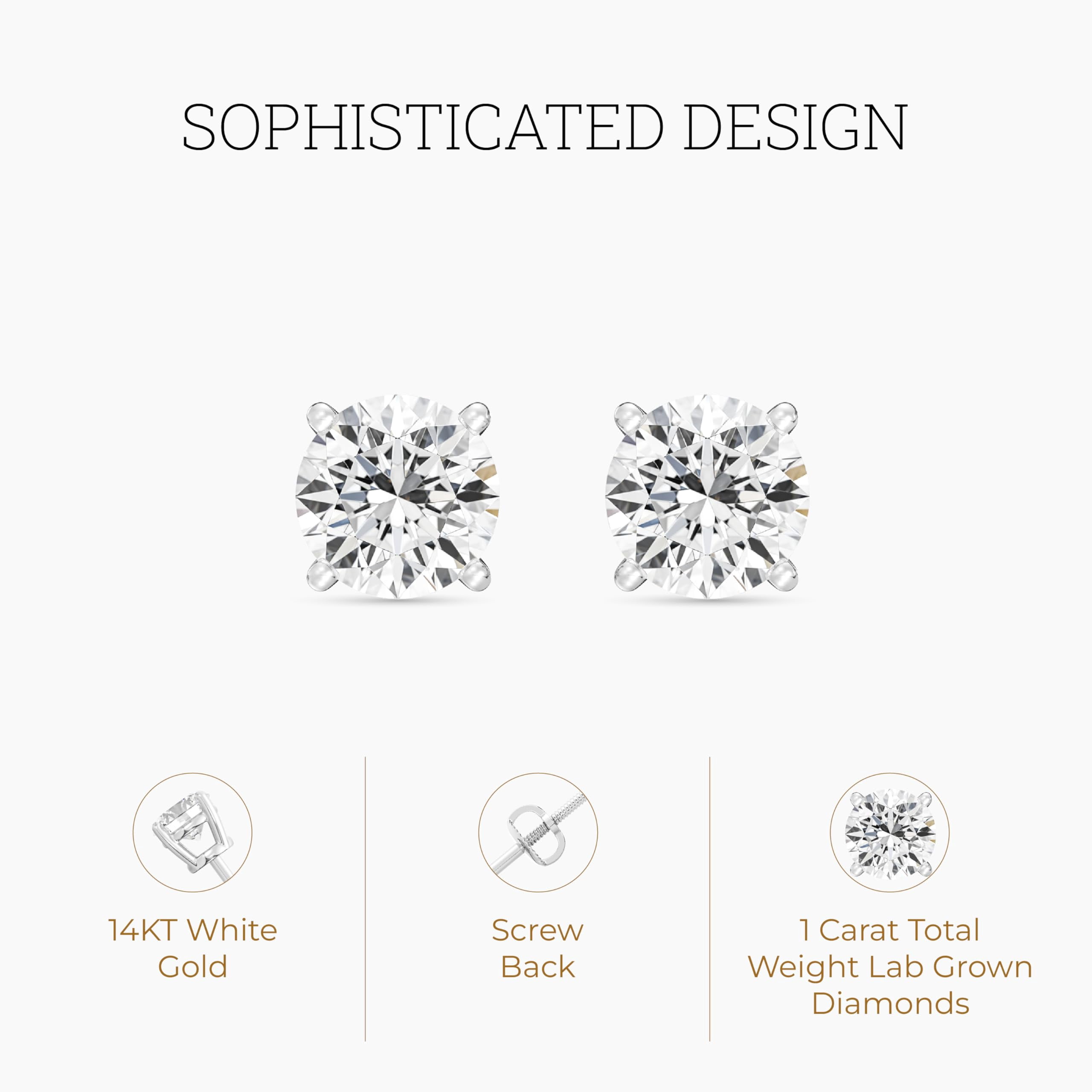 Gilded 1 Carat Total Weight IGI Certified Lab-Grown Diamond 14KT White Gold Stud Earrings for Women| Hypoallergenic Fine Gold Jewelry| 4-Prong Basket Push, Back Nut|VSI1 Clarity, E-F Color, Round Cut
