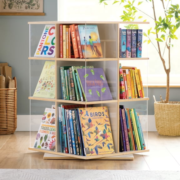 EdQ Rotating Big Book Display–White: 3-Tier Kids Bookshelf for Classroom Storage, Book Organizer with Acrylic Shelves for Homeschool Organization