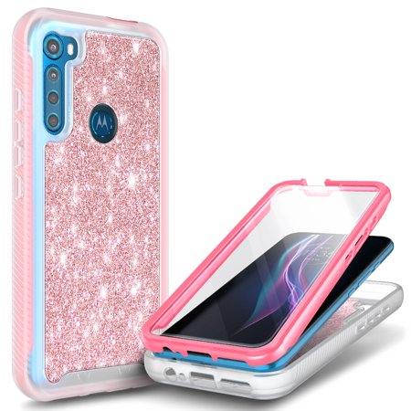 Nagebee Case for Motorola Moto One Fusion Plus with Built-in Screen Protector, Full-Body Protective Rugged Bumper Cover, Shockproof Durable Case (Pink Glitter)