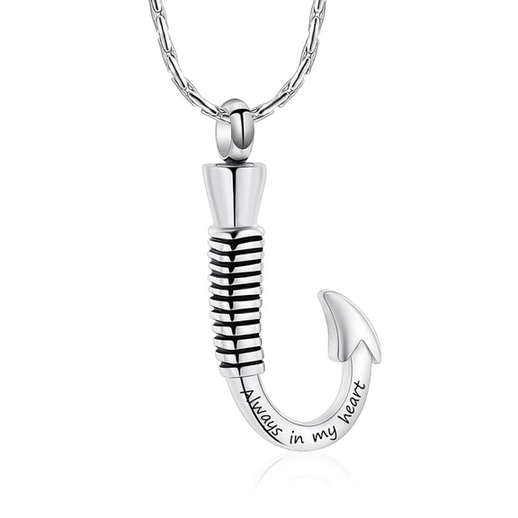 Stainless Steel Fish Hook Pendant Cremation Urn Pendent for Ashes and Chain Ash Holder Necklace for Cremation Ashes Keepsake Memorial Jewelry