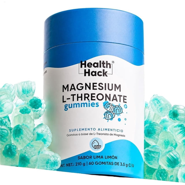 Gomitas de Magnesio L-Treonato Health Hack con L-Teanina, Vitamina B6, Acerola y Pimienta Negra, Sin Azúcar, Sabor Lima Limón, 60 Gomitas
