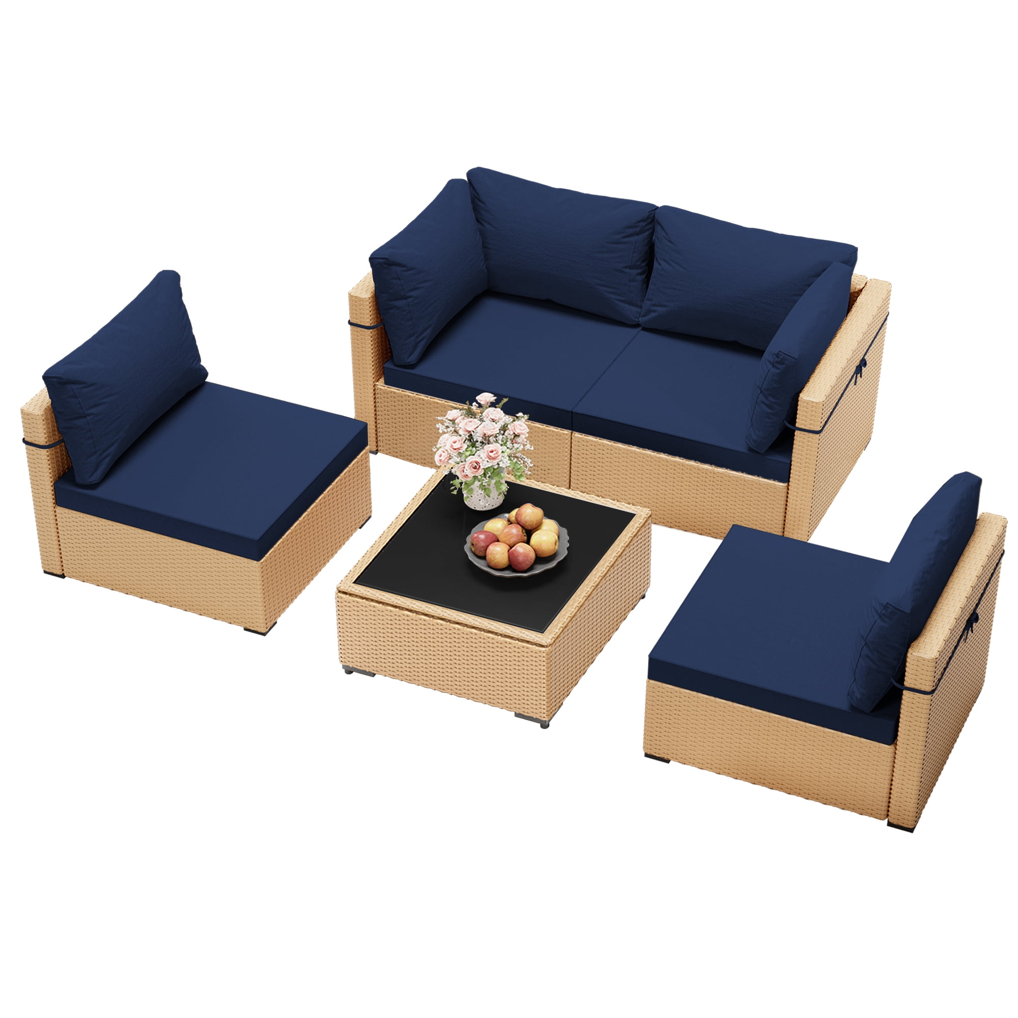 UPHA 5 Pieces Outdoor furniture Sets Patio Sectional Couch Wicker Conversation Sofa for Pools Outside, Gardens, Decks, Yellow Rattan, Navyblue Cushion