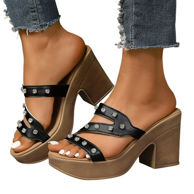 Sandales à Plateforme à Strass pour Femmes Été 2025 Tendance Bling à Talon Haut Épais à Enfiler Mules de Robe