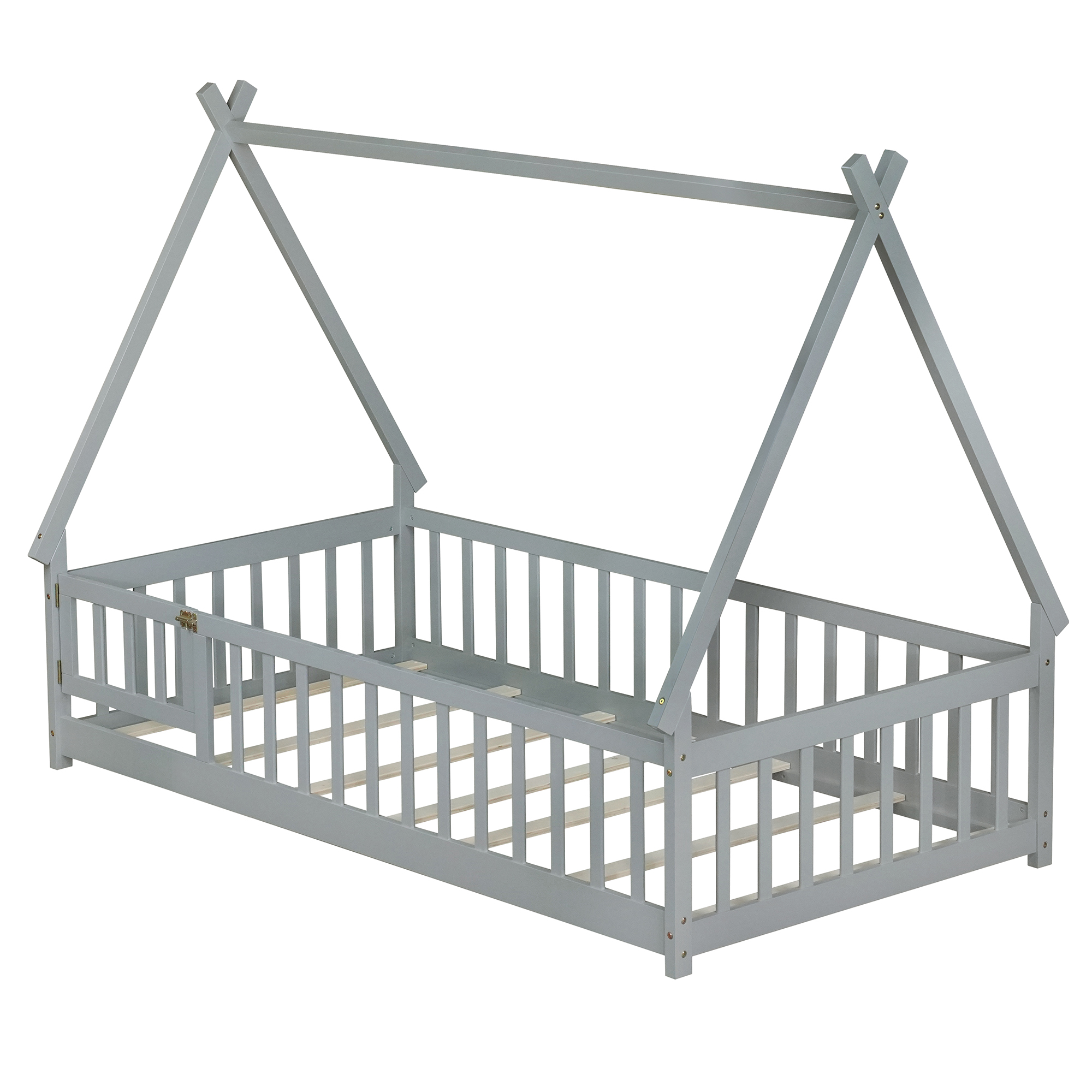 Miniyam Twin Floor Bed for Kids with House Frame, Guardrails and Lockable Door, Gray