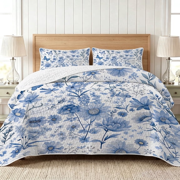 Davulos Full/Queen Quilt Set with Shams,3 Pieces Blue Floral Lightweight Bedspread Coverlet,Reversible Bed Cover Floral Bedding Set for All Seasons