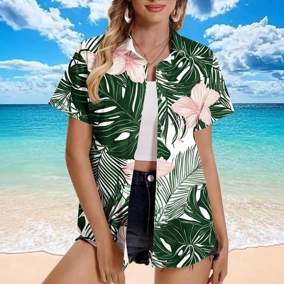 QUNYINEY Short Sleeve Button Down Shirts for Women Hawaiian Casual Collared Tops Loose Beach Tropical Shirts