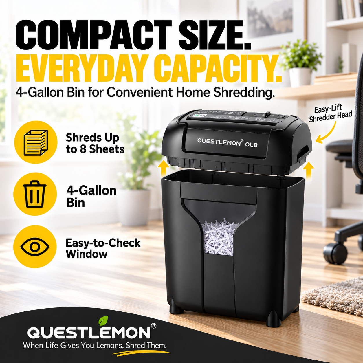 QUESTLEMON 8-Sheet Cross-Cut Paper Shredder with 4-Gallon Bin photo 4