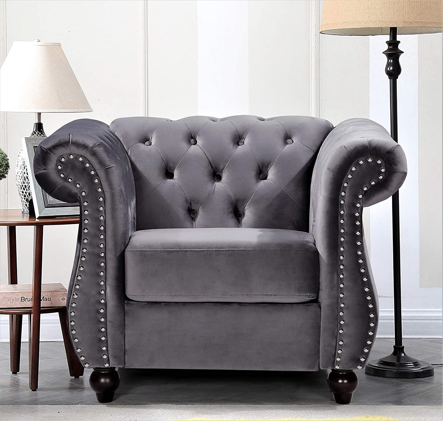 US Pride Furniture Chester 40.55 in. Wide Rolled Arm Velvet Modern Straight living Room Chair, Gray