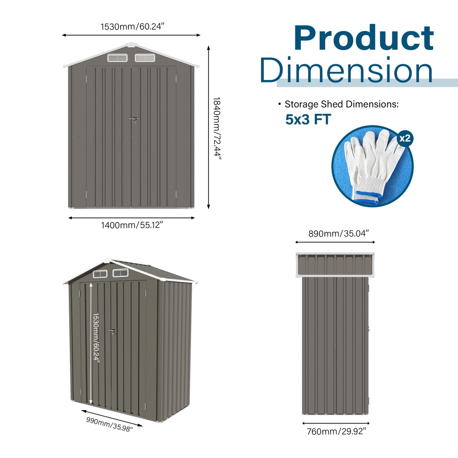 5X3 FT Metal Outdoor Storage Shed, Tool Shed with Pitched Roof and Lockable Double Door Compact for Garden, Backyard, Patio (Gray)