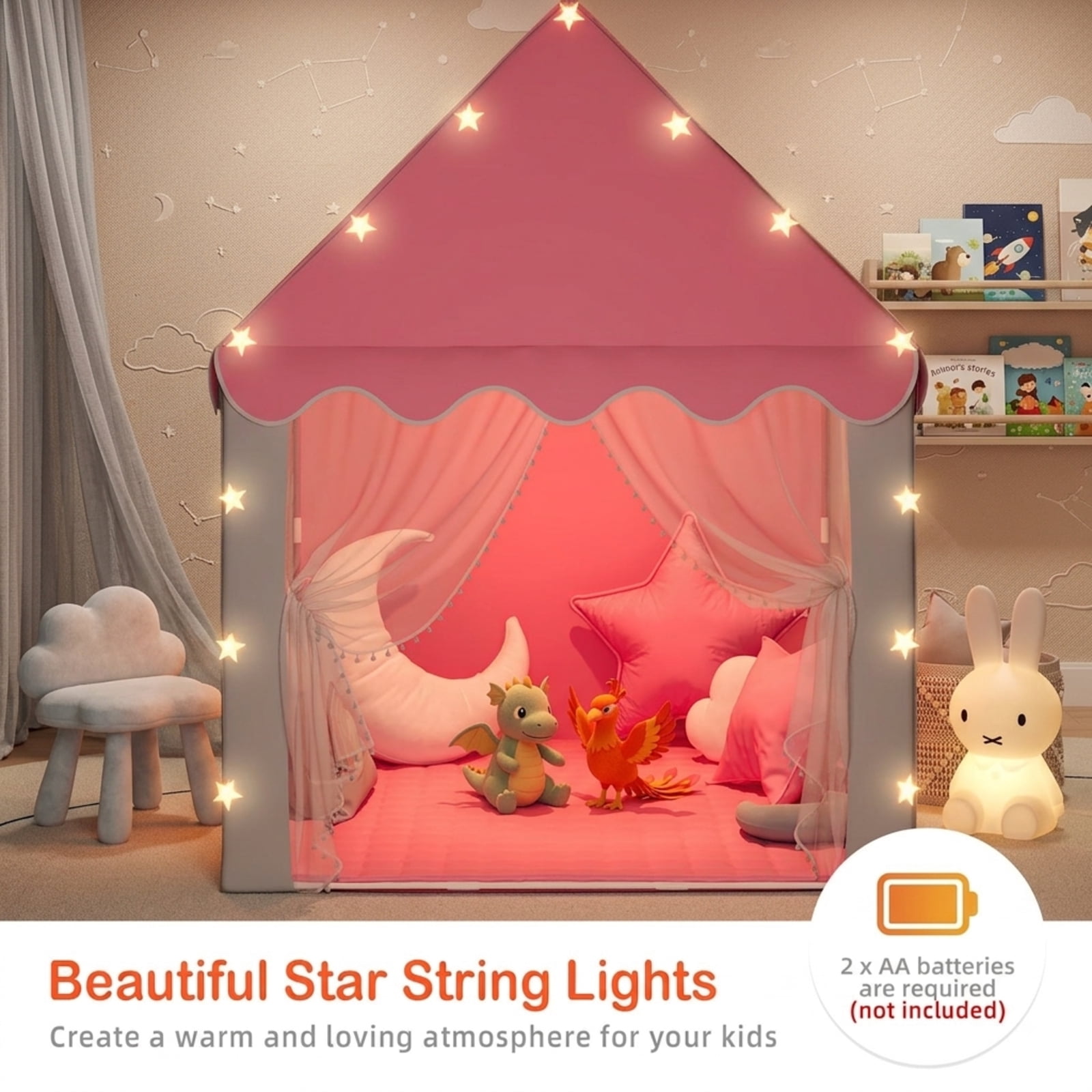 Fenbeli 2-in-1 Kids Play Tent with Padded Mat and Star Lights, Indoor Outdoor Playhouse with Windows, Pink and Gray