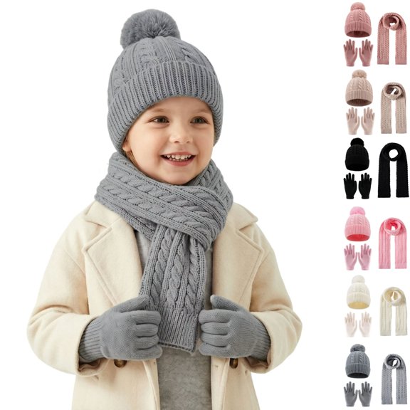 Sentuca 3 Pcs Kids Winter Hat Gloves Scarf Set Pom Pom Knit Beanie Long Scarf and Gloves Warm Cold Weather Accessory for Boys Girls Size 3-12Y