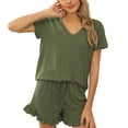 thumbnail image 3 of Women Short Sleeve Pajama Set Casual V Neck 2 Piece Lounge Set with Elastic Drawstring for Spring Summer OD Green S, 3 of 5
