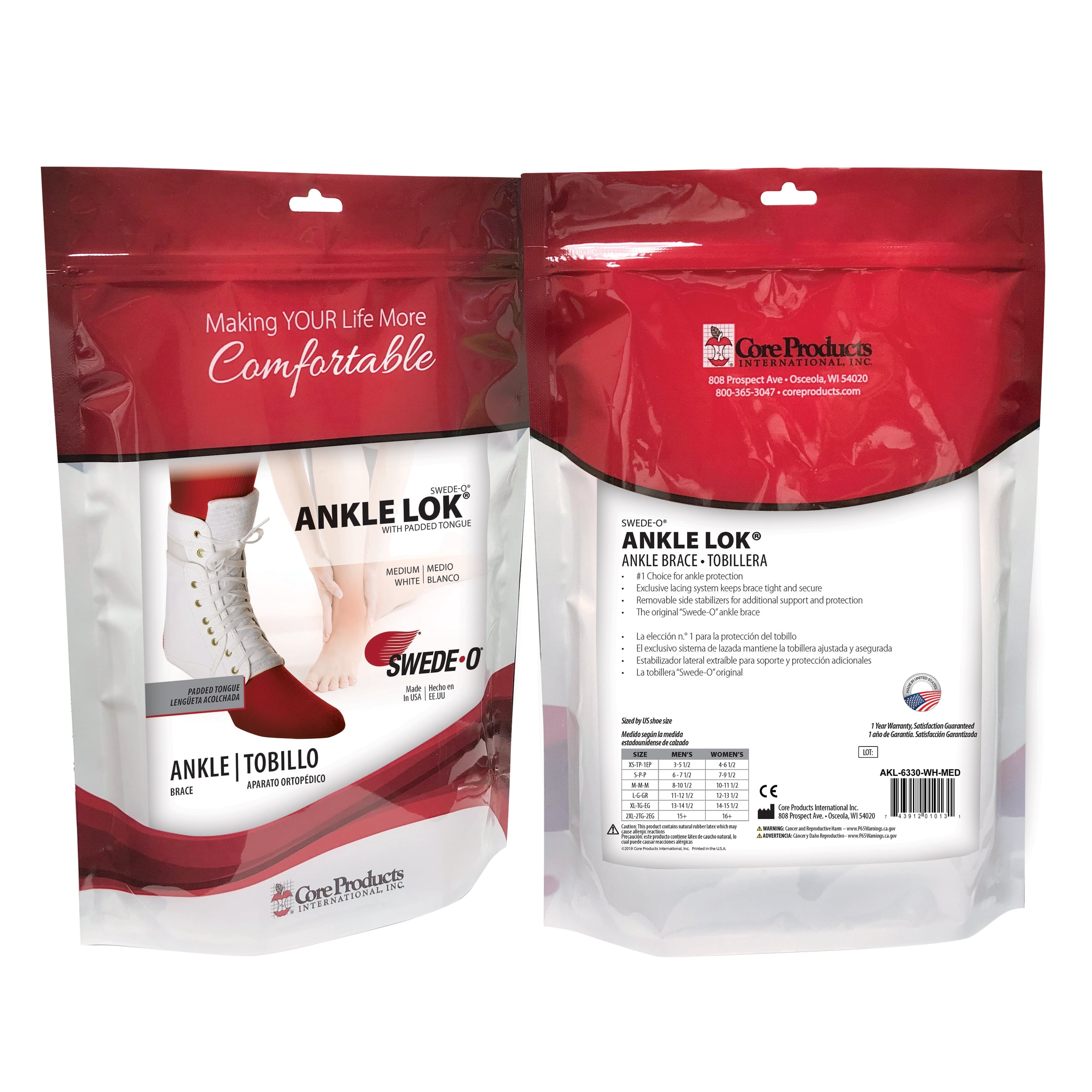 Swede-O Ankle Lok Reinforced Laced Ankle Brace for Sports, Padded Tongue, White, Medium