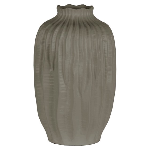 Vase Rond en Céramique à Motifs avec Col Court et Motif Ondulé, Grand, Gris