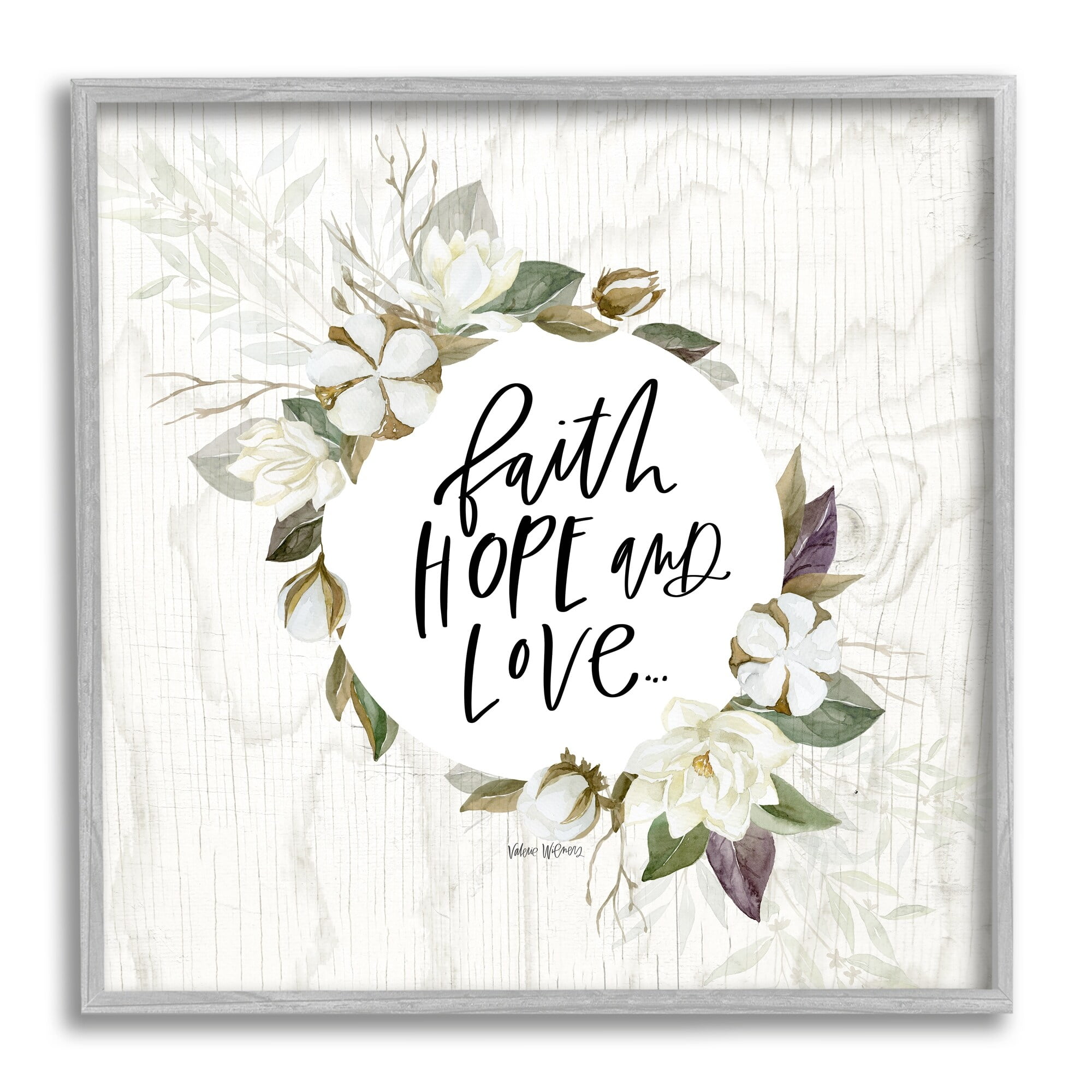 Stupell Industries Faith Hope and Love Sentiment Floral Cotton Wreath, 24 x 24,Design by Valerie Wieners