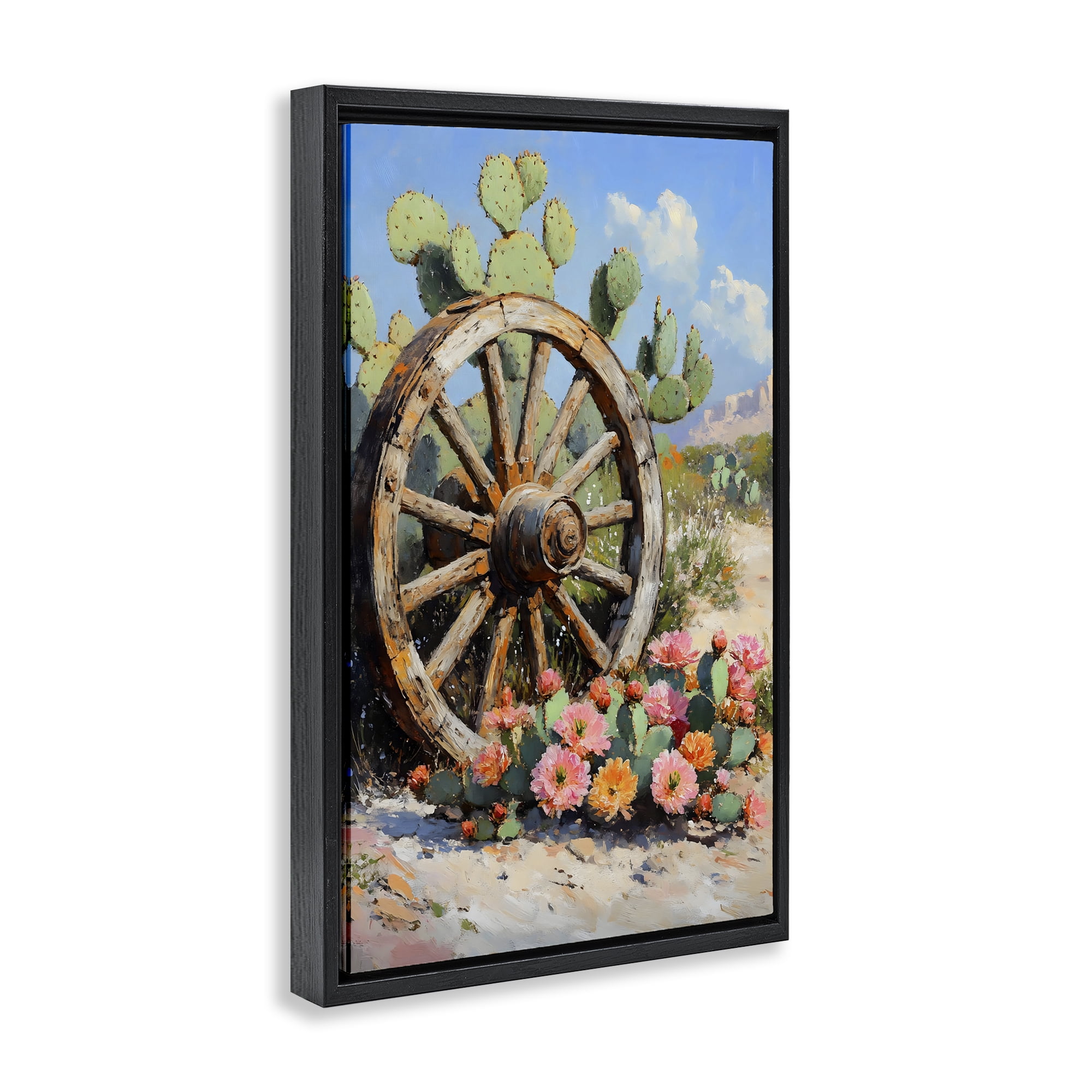 Stupell Industries Wagon Wheel Among Cactus Black Framed Floater Canvas Wall Art, design by Franklyn Gregory
