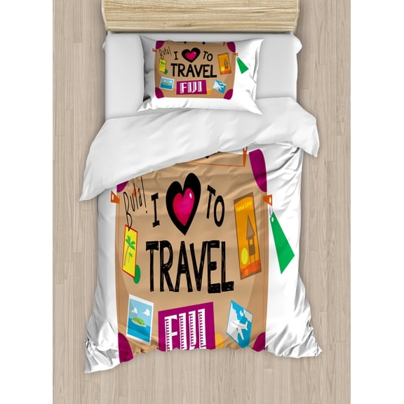 Fiji Duvet Cover Set Twin Size, Funky Calligraphy on a Luggage with I Love to Travel Lettering, Decorative 2 Piece Bedding Set with 1 Pillow Sham, Dark Sand Brown and Multicolor, by Ambesonne
